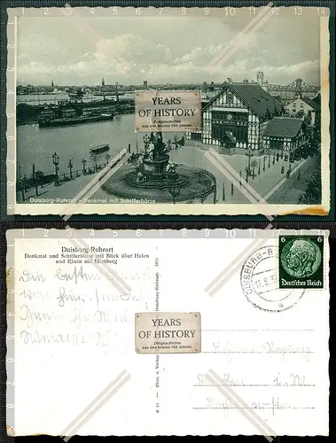 Orig. AK Duisburg Ruhrort Denkmal Schifferbörse Hafen Rhein Homberg 1939 gelau