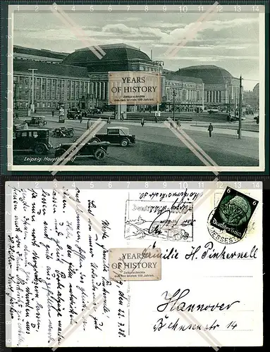 Orig. AK Leipzig Hauptbahnhof Sonderstempel 1938 gelaufen Vorplatz mit Fahrzeug