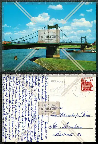 Orig. AK Duisburg Rheinbrücke Rückseite mit Tierparkstempel 