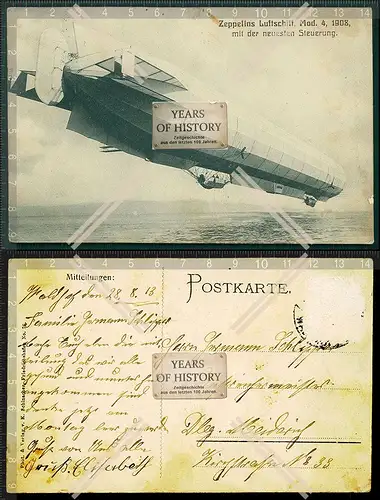 Orig. AK Zeppelin Luftschiff 1908 mit der neuesten Steuerung 1913 gelaufen