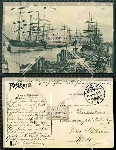 Orig. AK Hamburg Hafen Schiffe Segelschiffe 1906 gelaufen