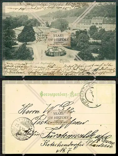 Orig. AK Teplitz Schönau Steinbad und Stefansbad mit Kriegerdenkmal 1901 gelauf