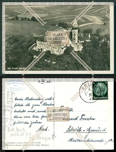 Orig. Foto AK Erling Kloster Andechs Ammersee Benediktinerkloster Luftbild Flie