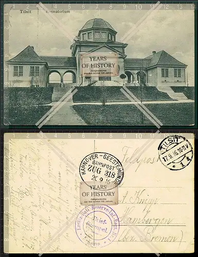 Orig.  AK Tilsit Krematorium 1916 Bahnpost Feldpost gelaufen Sonderstempel sie