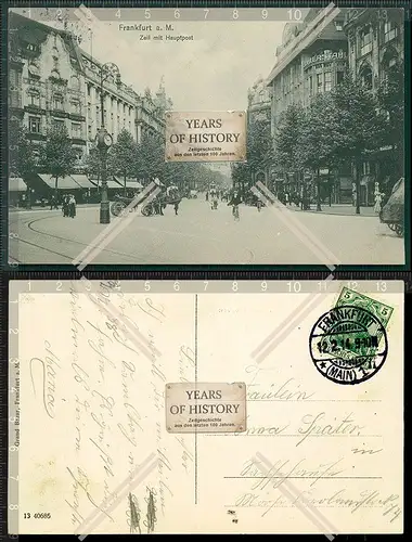 Orig. AK Frankfurt am Main Zeil Hauptpost Straßenbahn Geschäfte 1914 gelaufen