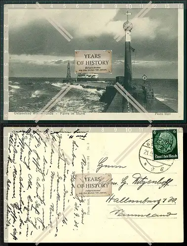 Orig. AK Warnemünde Fähre im Sturm Schiff Dampfer Ostsee 1938 gelaufen