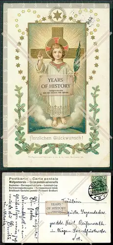 Orig. AK herzlichen Glückwunsch ein Kind mit Zweig vor  einem Kreuz stehend au