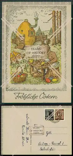 Orig. AK Fröhlichen Ostern Hase sitzt auf Baumstamm am Tisch und bemalt Eier Z