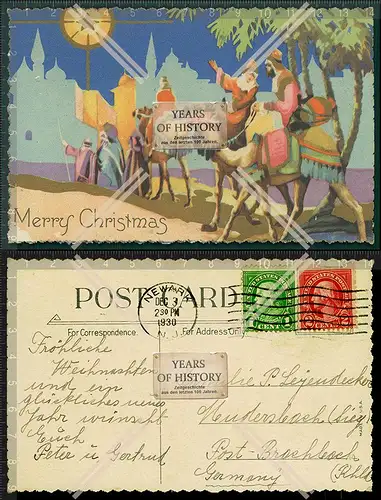 Orig. AK Merry Christmas Stern von Betlehem leuchtend über Stadt Reiter auf Ka