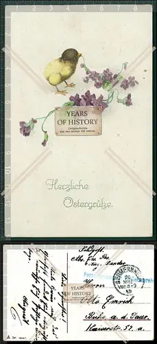Orig. AK Herzlichen Ostergrüße Küken mit Stielende im Schnabel an dem viele 