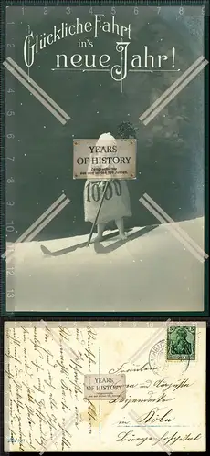 Orig. AK glückliche Fahrt ins neue Jahr ein Mädchen Kind steht im Schnee auf 