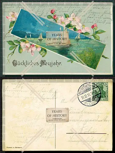 Orig. AK Präge glückliches Neujahr schräg längliches Bild mit Abbildung ein