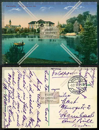 Orig. AK Karlsruhe Stadtgarten und See 1916 Feldpost gelaufen