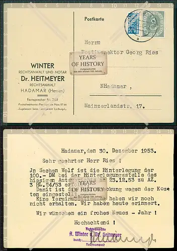 Orig. Postkarte  Hadamar Hessen an Postinspektor Werbepost Notar und Anwalt Kan