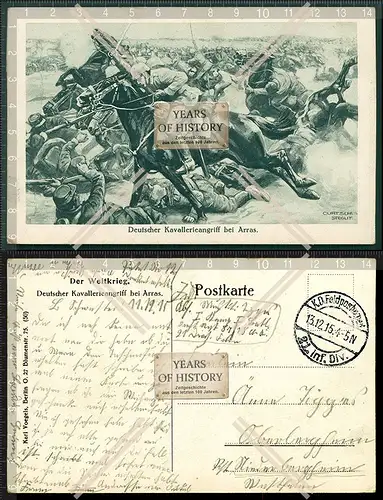 Orig. AK 1. WK Deutscher Kavallerieangriff bei Arras Frankreich 1915 Feldpost g