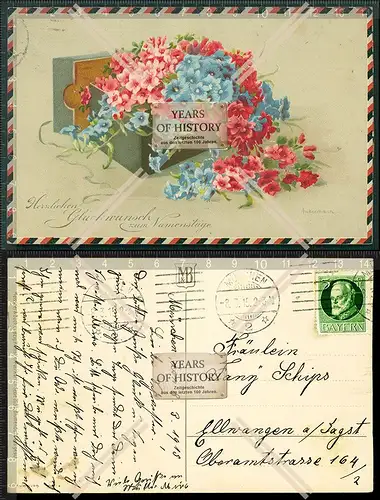 Orig. AK Künstler Meißner Buch Glückwunsch Namenstage Blumen im Kasten 1915 