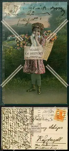 Orig. AK Künstler Gold Präge Mädchen mit Blumen 1916 gelaufen