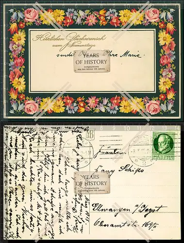 Orig. AK Künstler Namenstage Karte mit Blumen im Rahmen 1915 gelaufen