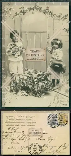 Orig. AK Künstler junge und Mädchen mit Bollerwagen viele Blumen 1906 gelaufe