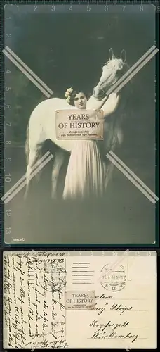 Orig. AK junge Dame Mädchen mit Pferd Schimmel 1916 gelaufen