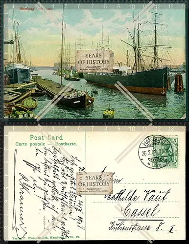 Orig. AK Hamburg im Hafen Segelschiffe und andere 1908 gelaufen