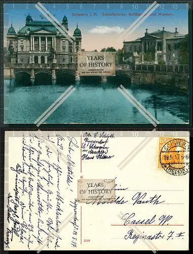 Orig. AK Schwerin Mecklenburg Schlossbrücke Hof Theater Museum 1917 gelaufen