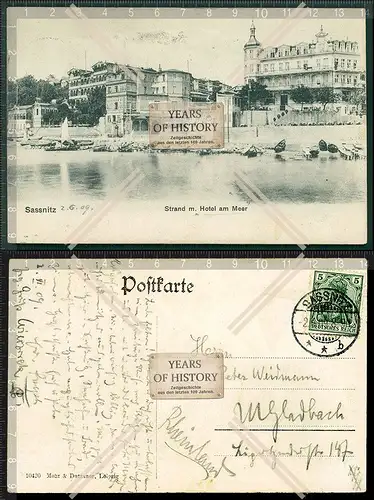 Orig. AK Saßnitz Rügen Strand mit Hotel am Meer 1909 gelaufen