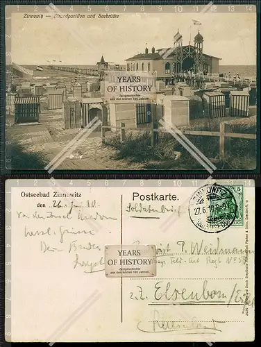 Orig. AK Zinnowitz Usedom Ostsee Strandpavillon und Seebrücke 1910 gelaufen