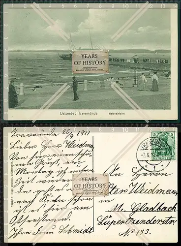 Orig. AK Ostseebad Lübeck Travemünde Hafeneinfahrt Segelschiff 1911 gelaufen