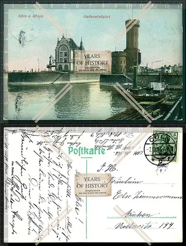 Orig. AK Köln am Rhein Hafen Einfahrt Boote 1913 gelaufen