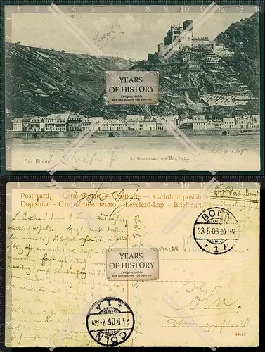 Orig. AK Sankt Goarshausen mit Burg Katz am Rhein 1906 von Bonn gelaufen