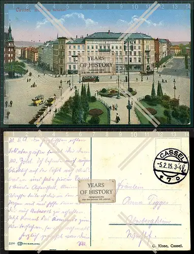 Orig. AK Kassel Straßenbahn Hotel Blick vom Bahnhof 1915 gelaufen