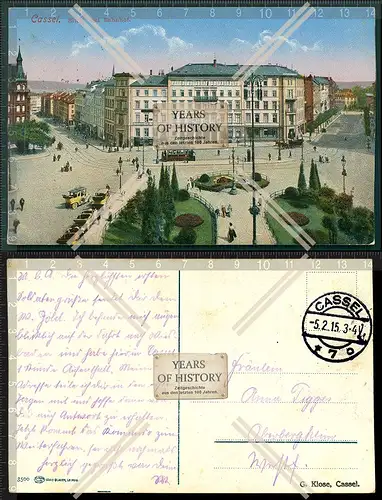 Orig. AK Kassel Straßenbahn Hotel Blick vom Bahnhof 1915 gelaufen 