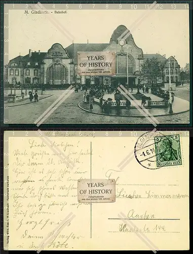 Orig. AK Mönchengladbach M. Gladbach Bahnhof mit Vorplatz 1914 gelaufen