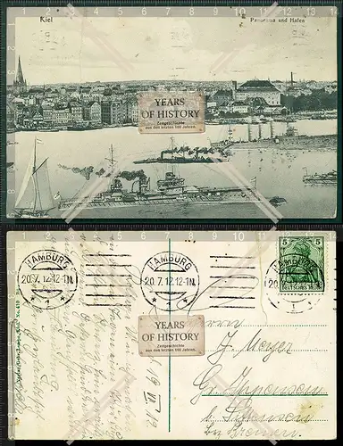 Orig. AK Kiel 1912 Panorama und Hafen Kriegsschiffe Hamburg 1912 gelaufen Karte