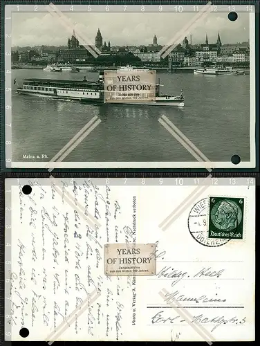 Orig. Foto AK Mainz Rheindampfer Rhein gelaufen 1939 Karte gelocht und mit Knic