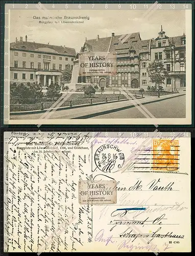 Orig. AK Braunschweig Burgplatz mit Löwendenkmal 1916 gelaufen