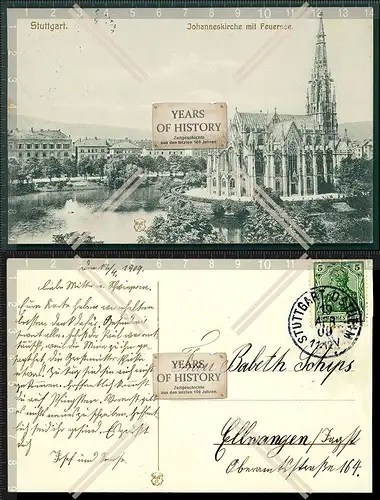 Orig. AK Stuttgart Johanneskirche mit Feuersee 1909 gelaufen