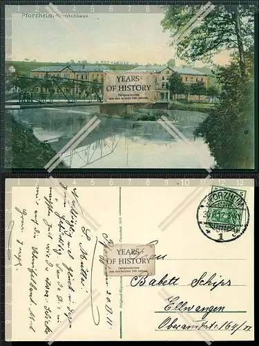 Orig. AK Pforzheim Krankenhaus 1912 gelaufen Enz Nagold Würm