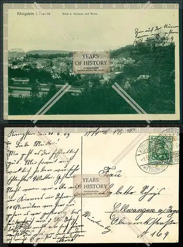 Orig. AK Königstein im Taunus Blick auf die Stadt Kurhaus und Ruine 1909 gelau