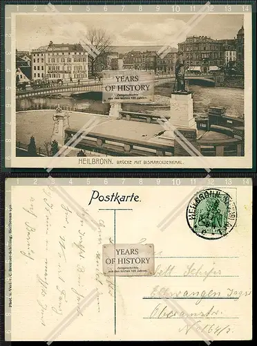 Orig. AK Heilbronn am Neckar Brücke Straßenbahn Bismarck Denkmal 1911 gelaufe