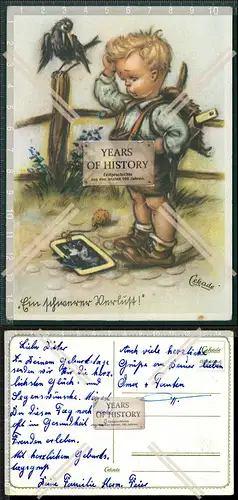 Orig. AK Künstler Cekade kleiner Junge mit zerbrochene Schiefertafel Schulranz