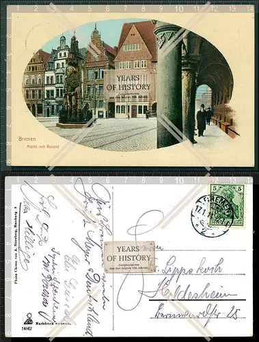 Orig. AK Bremen Markt mit Roland 1911 gelaufen nach Hildesheim