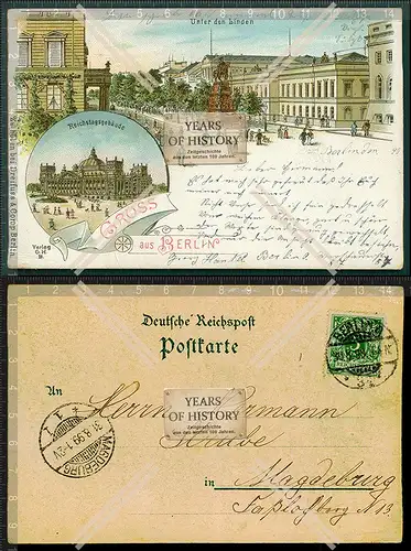 Orig. AK Berlin Litho 1899 gelaufen unter den Linden Reichstagsgebäude und vie