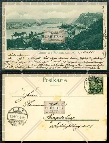 Orig. AK Koblenz Ehrenbreitstein der Rhein die Mosel 1900 gelaufen