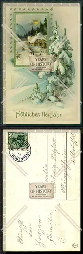 Orig. AK fröhliches Neujahr verschneite Landschaft Goldfaden 1915 gelaufen