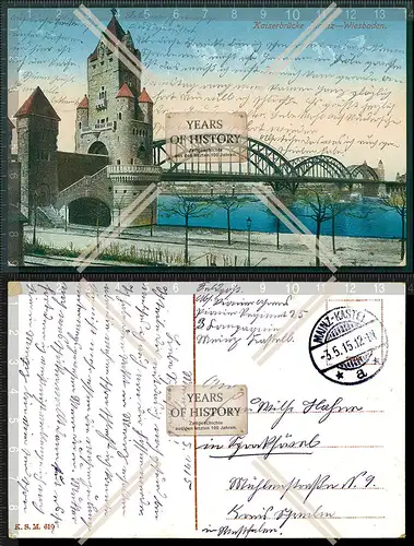 Orig. AK Mainz Wiesbaden Kaiserbrücke 1915 Feldpost Mainz Kastell gelaufen
