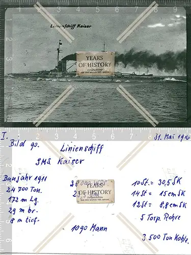Foto S.M.S. Kaiser Linienschiff Kriegsschiff Kaiserliche Marine 1916 SMS