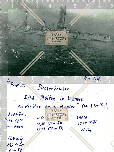 Foto Panzerkreuzer S.M.S. Moltke in Wilhelmshaven beim Kohlen Kriegsschiff SMS