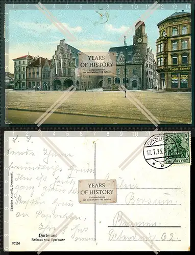 Orig. AK Dortmund 1915 gelaufen Castrop Rathaus und Sparkasse Straßenansicht 